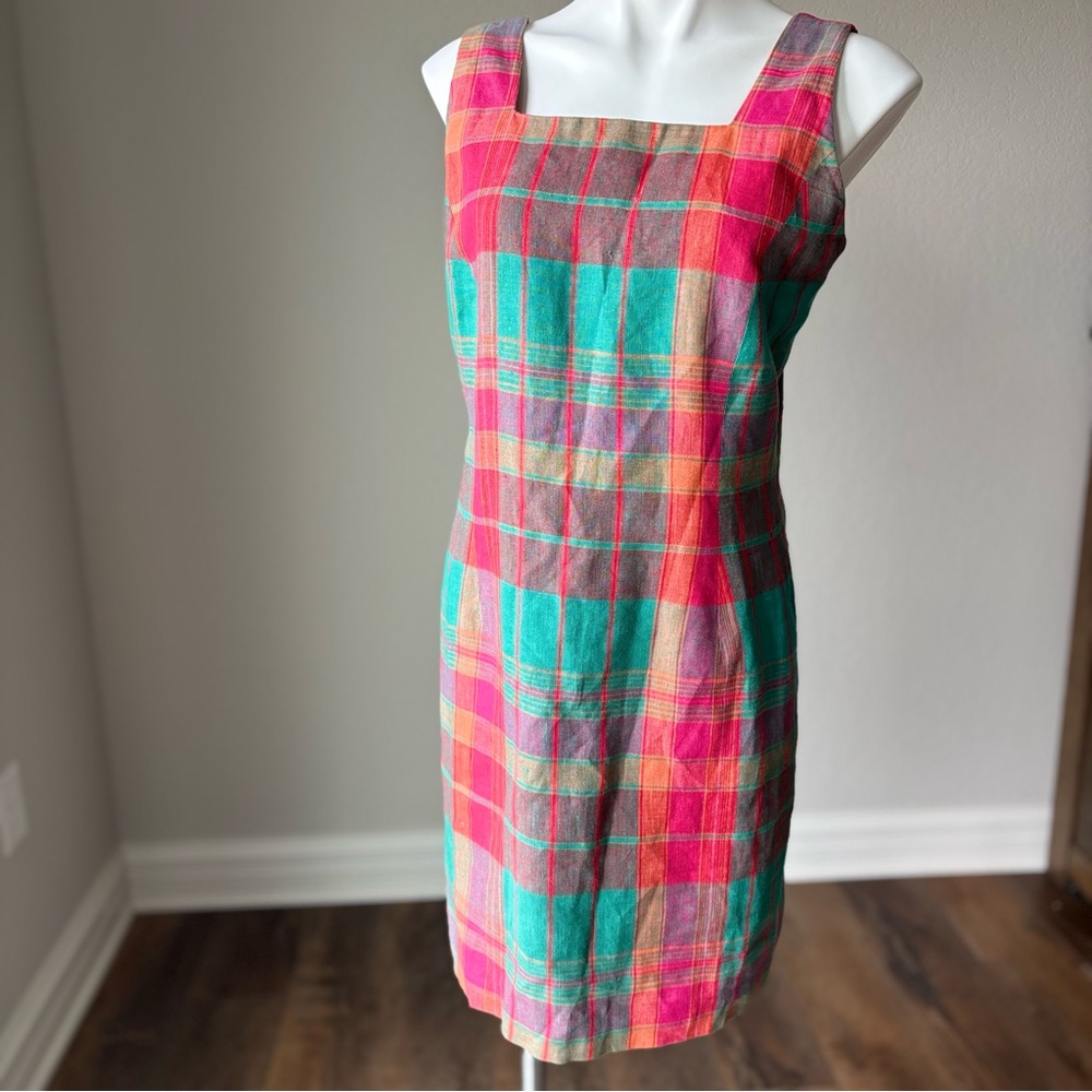Chelsea Cambell 100% Linen Pink Green Madras Plaid Sleeveless Sundress Y2K Sz 8P